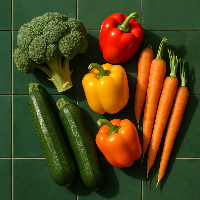 Zutaten-Collage zur Kategorie Gemüse bei schnelle-airfryer-rezepte.de.