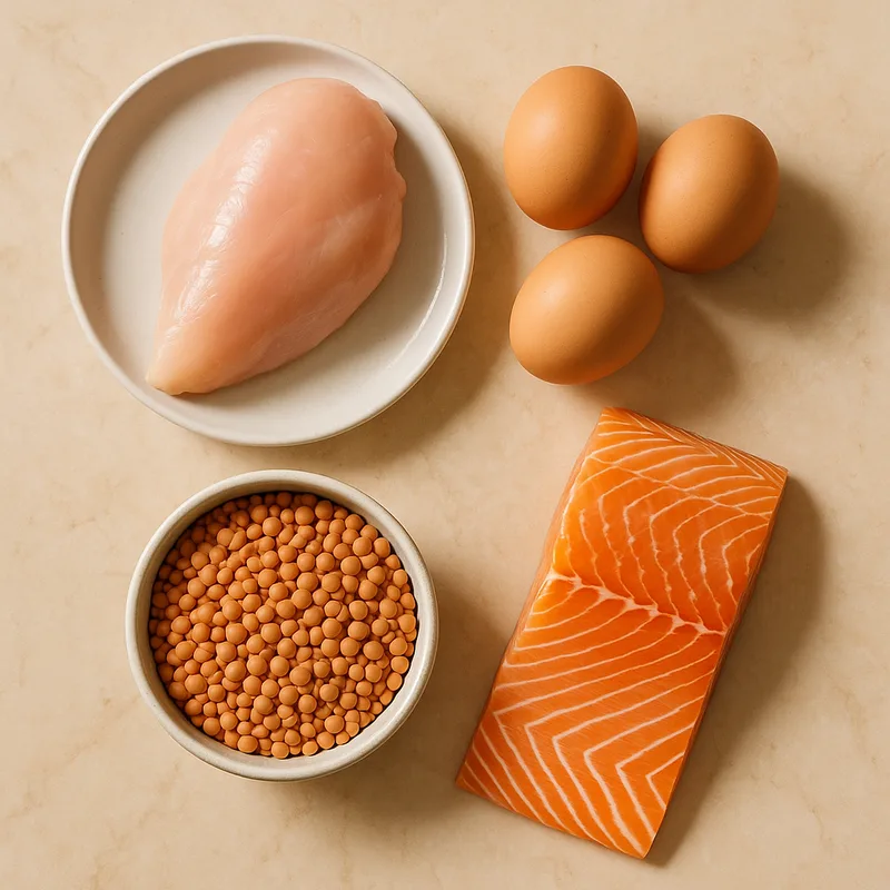 Zutaten-Collage zur Kategorie High Protein bei schnelle-airfryer-rezepte.de.
