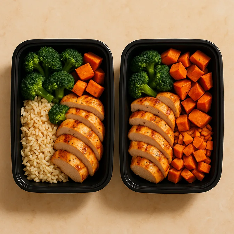 Zutaten-Collage zur Kategorie Meal Prep bei schnelle-airfryer-rezepte.de.