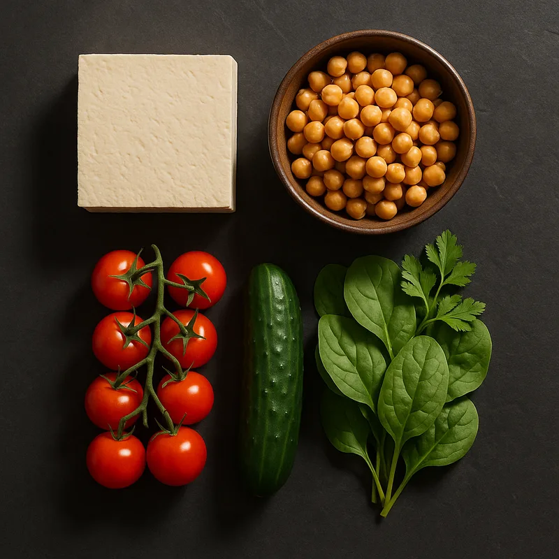 Zutaten-Collage zur Kategorie Vegan bei schnelle-airfryer-rezepte.de.