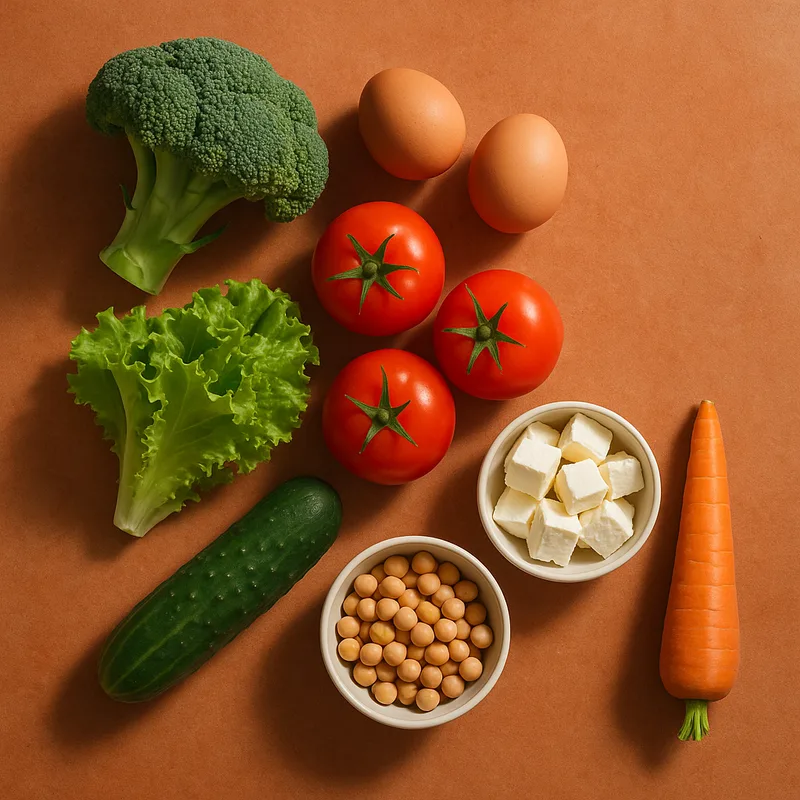 Zutaten-Collage zur Kategorie Vegetarisch bei schnelle-airfryer-rezepte.de.