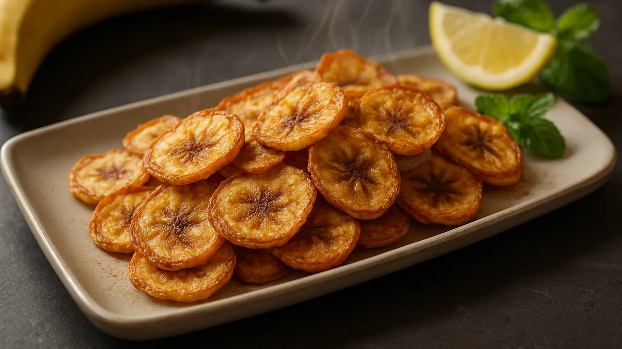 Airfryer-Bananen-Chips mit Zimt mit Bananen und Zitronensaft, auf dunklem Schiefer angerichtet.