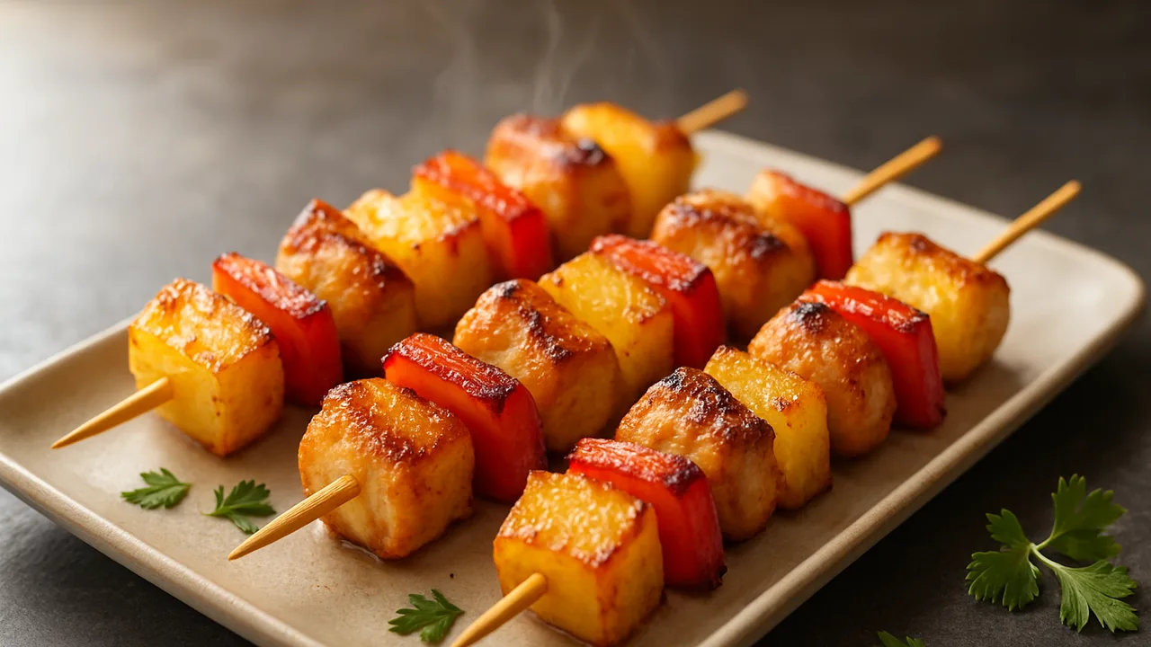 Ananas-Hähnchenspieße Hawaii-Style aus dem Airfryer mit Hähnchenbrust und Ananas, auf dunklem Schiefer angerichtet.