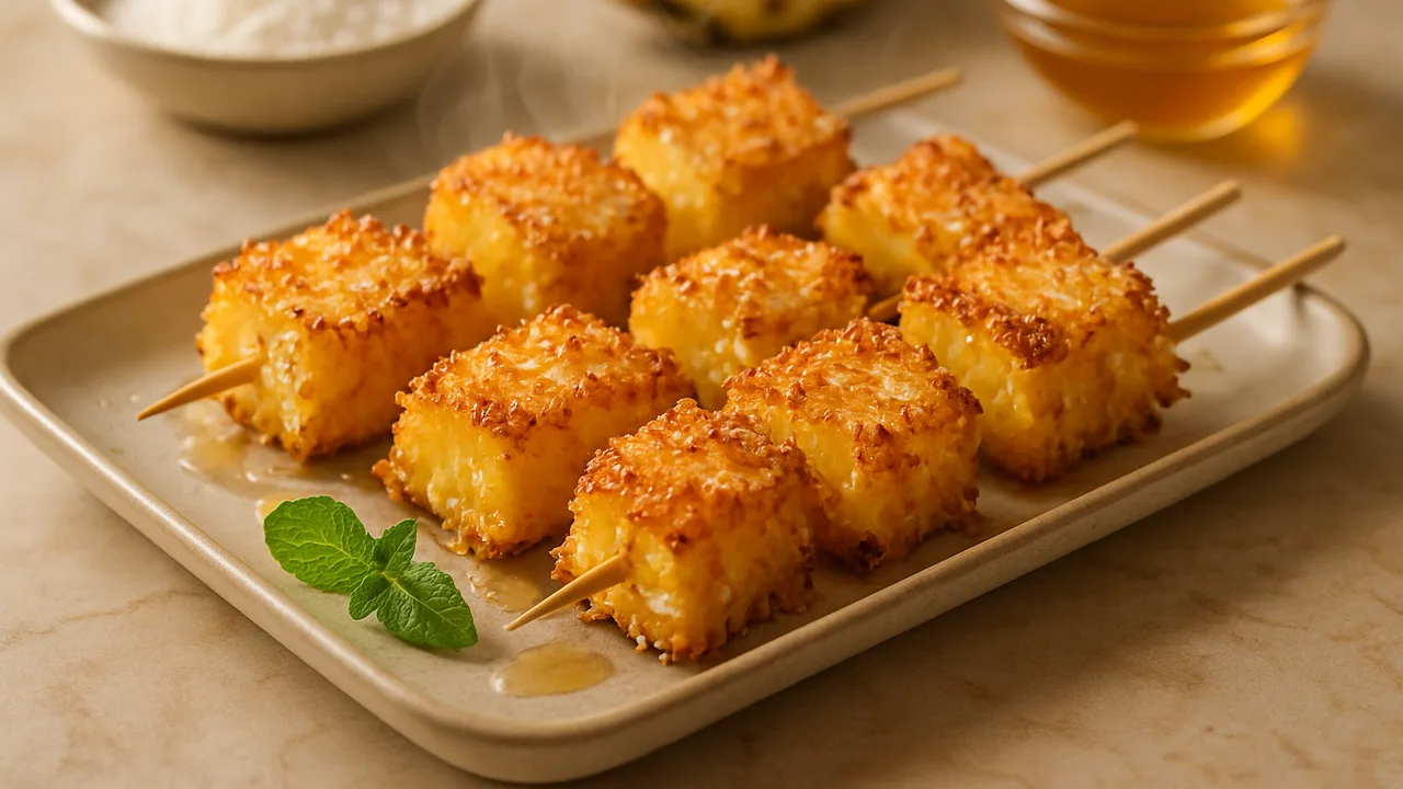 Ananas-Spieße mit Kokosraspeln aus dem Airfryer mit Ananas und Kokosraspeln, auf beigem Marmor angerichtet.