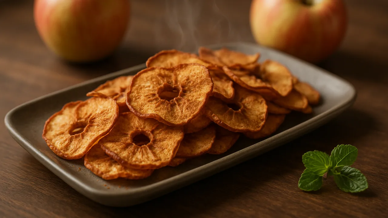 Apfelchips mit Zimt aus dem Airfryer mit Äpfel, auf dunklem Walnussholz angerichtet.