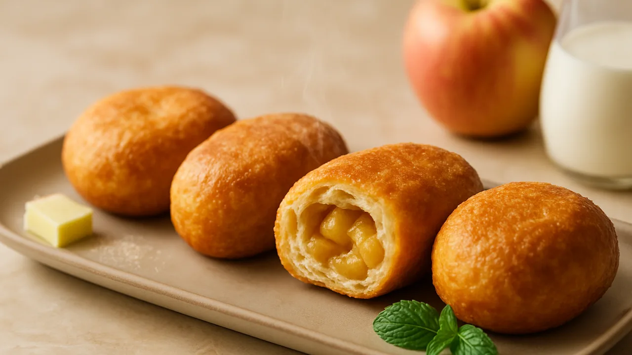 Apfelkrapfen aus Hefeteig aus dem Airfryer mit Trockenhefe und Milch, auf beigem Marmor angerichtet.