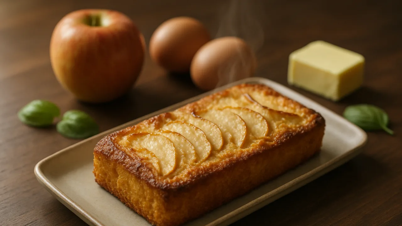 Apfelkuchen aus dem Airfryer mit Äpfel und Butter, auf dunklem Walnussholz angerichtet.