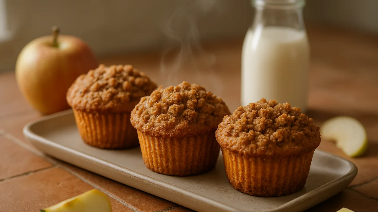 Apfelmuffins mit Zimt-Streuseln aus dem Airfryer mit Milch und Butter, auf Terracotta-Fliesen angerichtet.