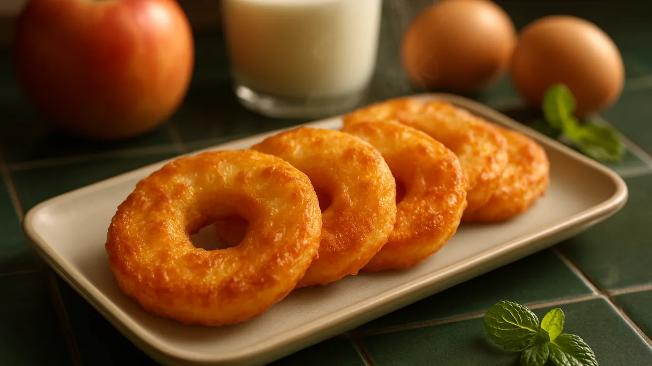 Apfelringe im Pfannkuchenteig aus dem Airfryer mit Äpfel und Eier, auf dunkelgrünen Fliesen angerichtet.