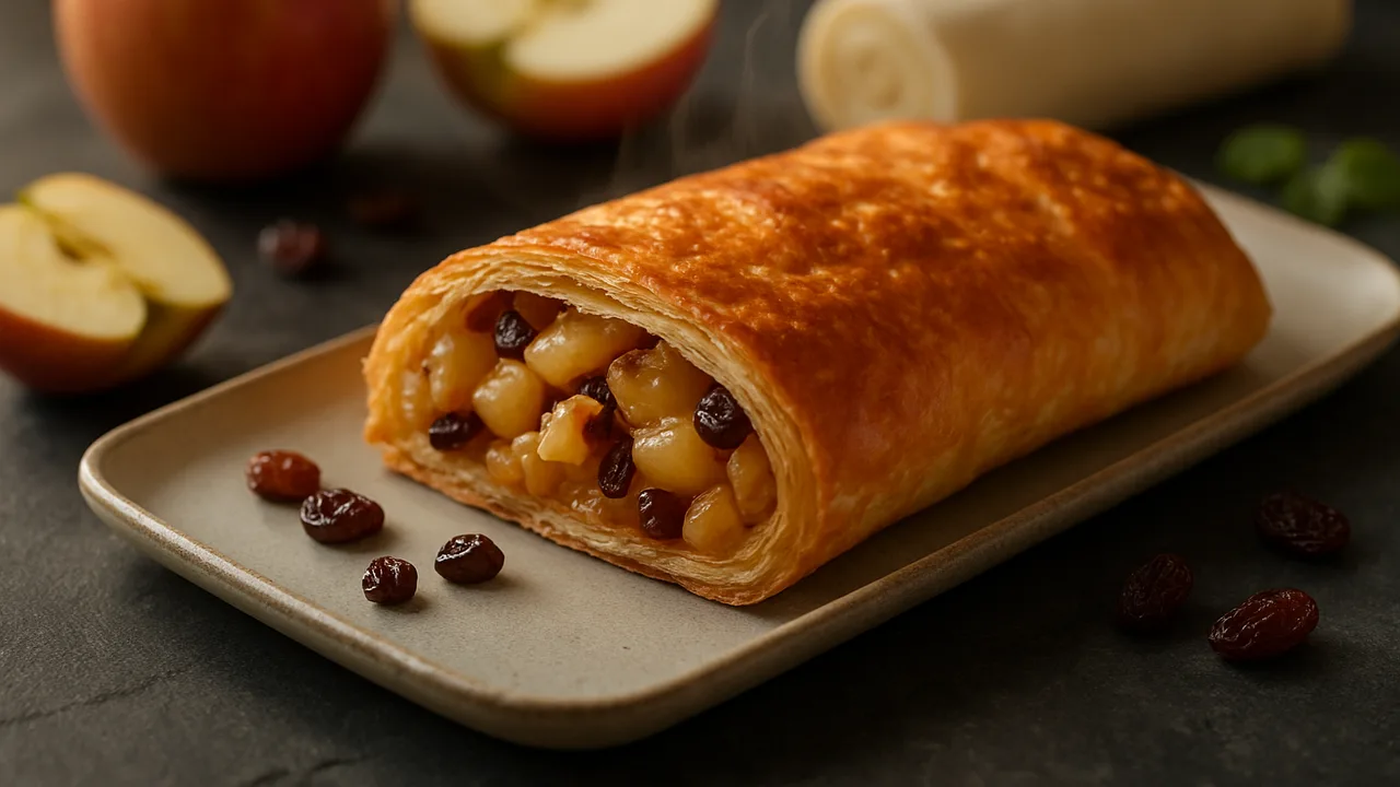 Apfelstrudel aus Blätterteig mit Rosinen aus dem Airfryer mit Blätterteig (Rolle) und Äpfel, auf dunklem Schiefer …