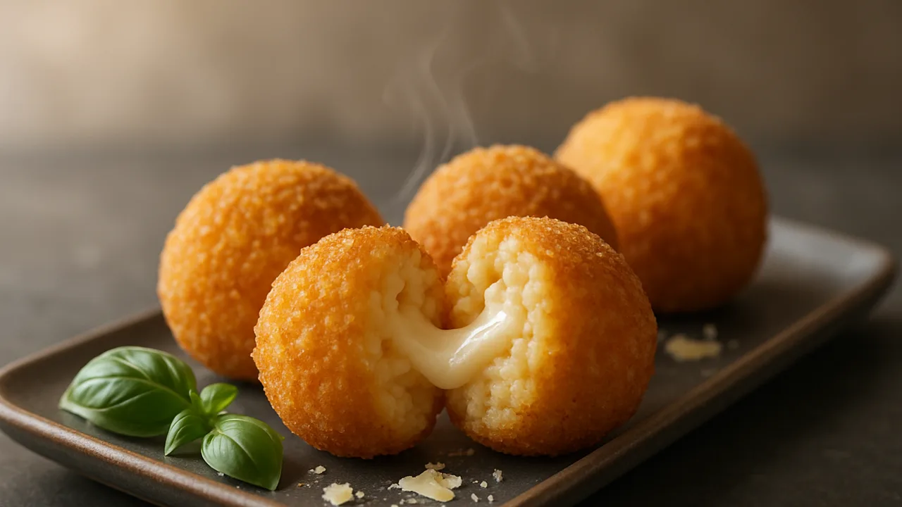 Arancini – Reisbällchen mit Mozzarella aus dem Airfryer mit Rundkornreis und Parmesan, auf dunklem Schiefer angerichtet.