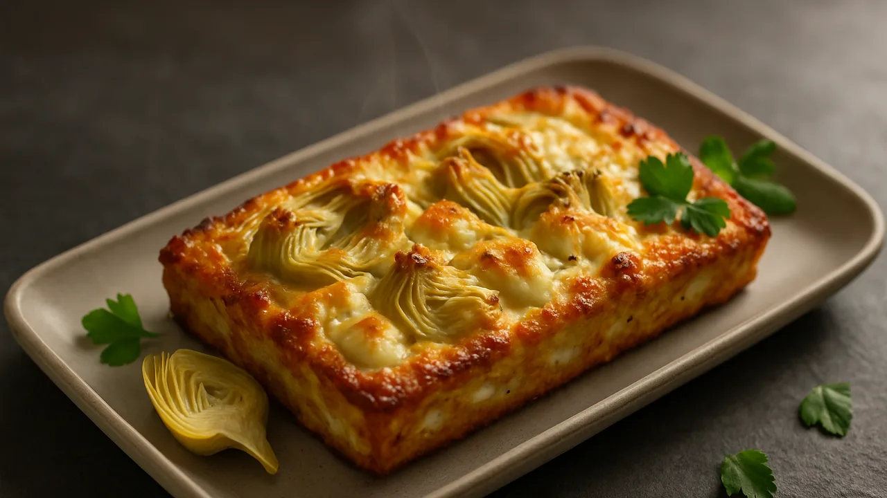 Artischocke-Feta-Auflauf aus dem Airfryer mit Artischockenherzen und Feta, auf dunklem Schiefer angerichtet.
