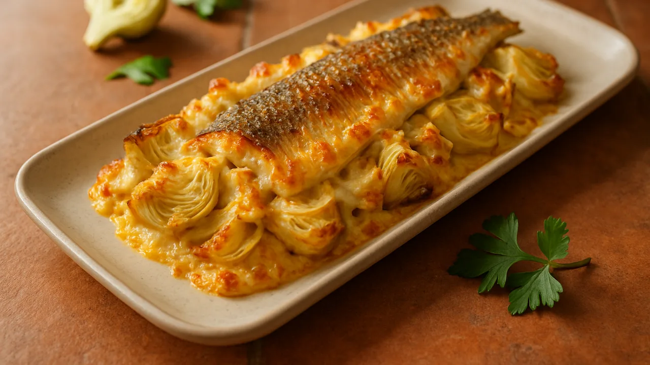Artischocke-Forelle-Auflauf aus dem Airfryer mit Forellenfilets und Artischockenherzen, auf Terracotta-Fliesen angerichtet.