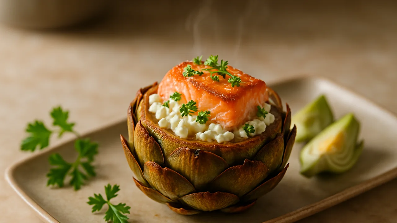 Artischocke gefüllt mit Lachs und Kräutern aus dem Airfryer mit Artischocken und Lachsfilet, auf beigem Marmor angerichtet.