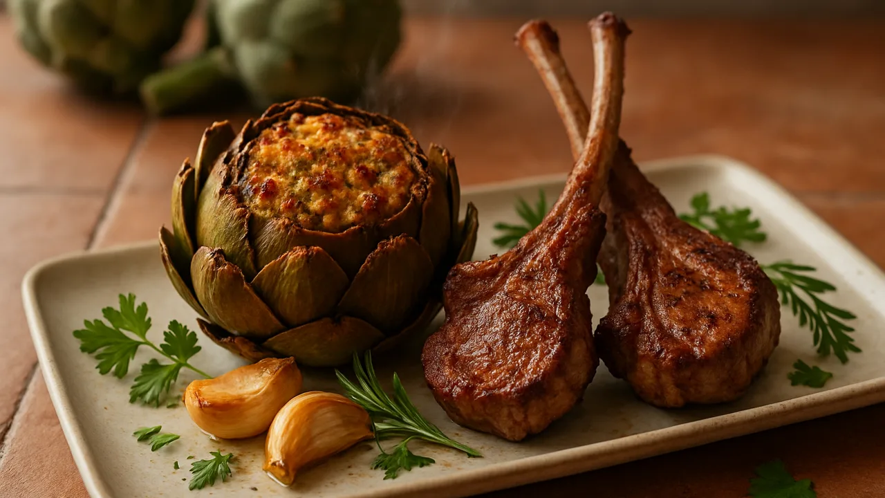 Gefüllte Artischocke mit Lammkotelett und Kräutern aus dem Airfryer mit Artischocken und Lammkotelett, auf …