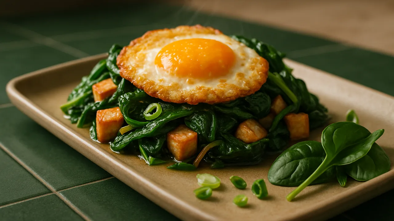Asiatisch Ei mit Spinat aus dem Airfryer mit Tofu und frischer Spinat, auf dunkelgrünen Fliesen angerichtet.