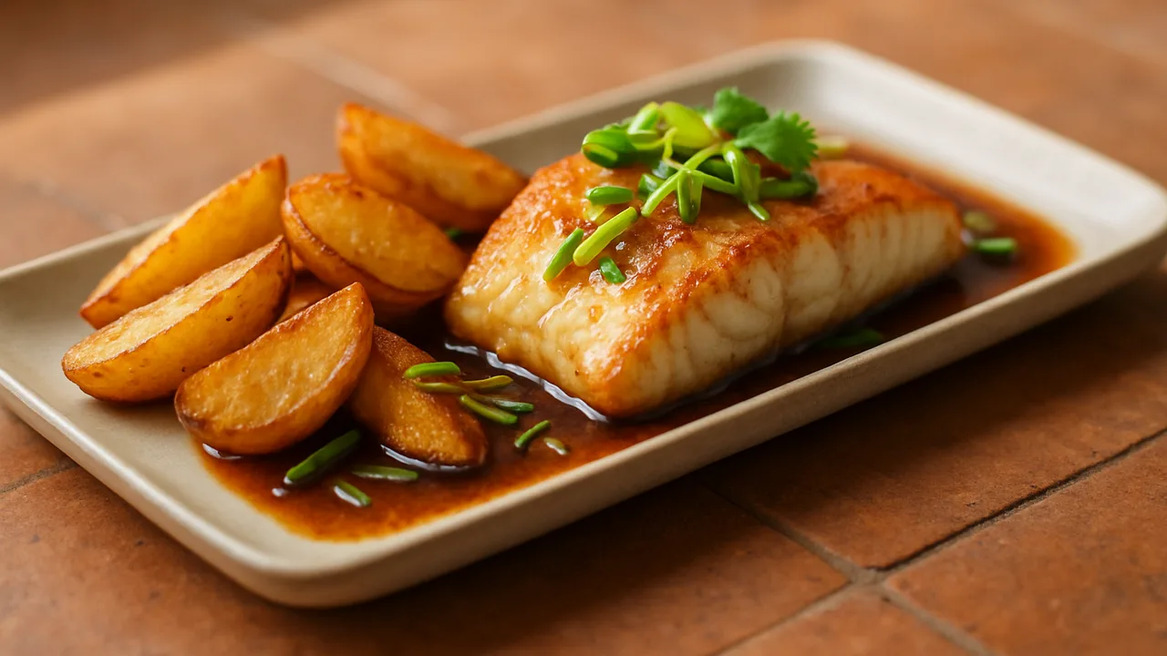 Asiatischer Kabeljau mit Kartoffel aus dem Airfryer mit Kabeljaufilet und Kartoffeln, auf Terracotta-Fliesen angerichtet.