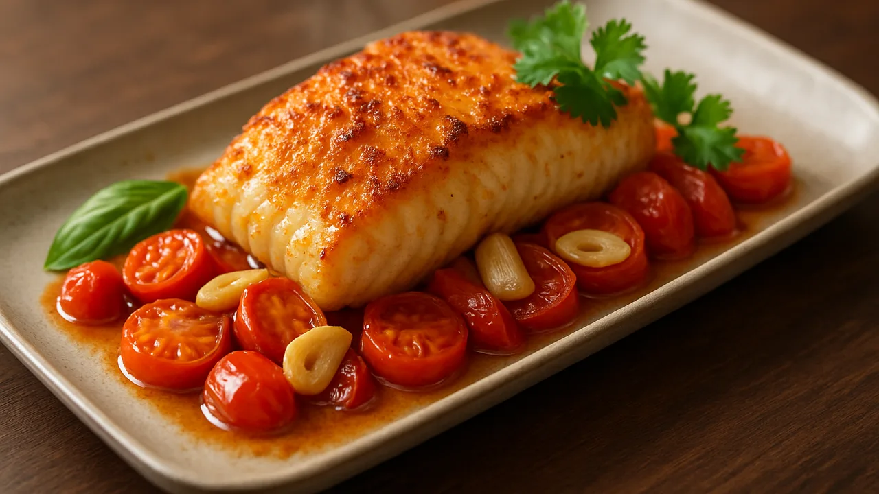 Asiatischer Kabeljau mit Tomaten aus dem Airfryer mit Kabeljaufilet und Tomaten, auf dunklem Walnussholz angerichtet.