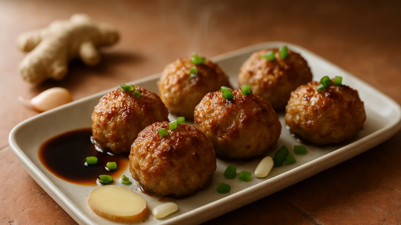 Asiatische Hackbällchen mit Sojasauce und Ingwer aus dem Airfryer mit Schweinehackfleisch und Ingwer, auf …