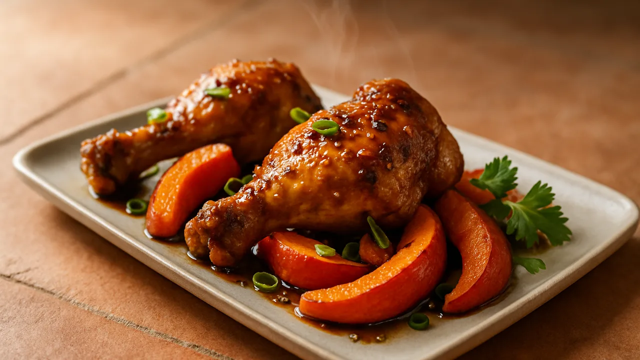 Asiatische Hähnchenschenkel mit Kürbis aus dem Airfryer mit Hähnchenschenkel und Hokkaidokürbis, auf Terracotta-Fliesen …