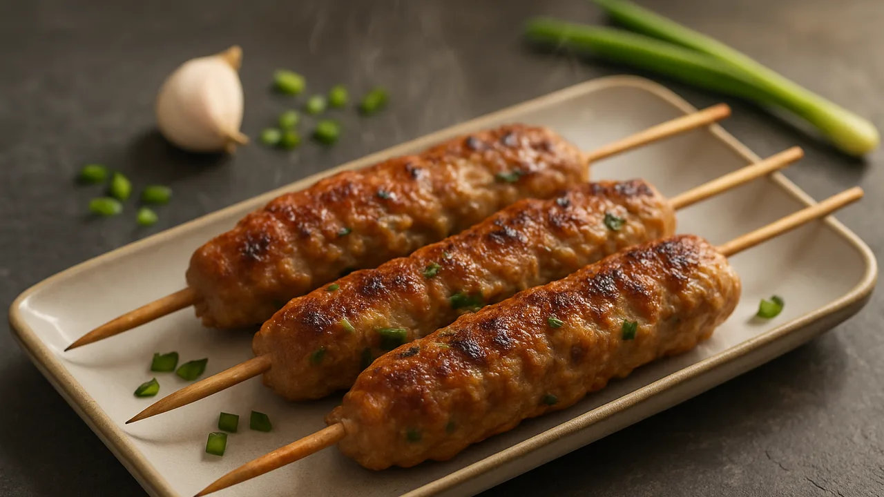 Asiatische Schweinehackfleisch-Spieße aus dem Airfryer mit Schweinehackfleisch und Frühlingszwiebeln, auf dunklem Schiefer …