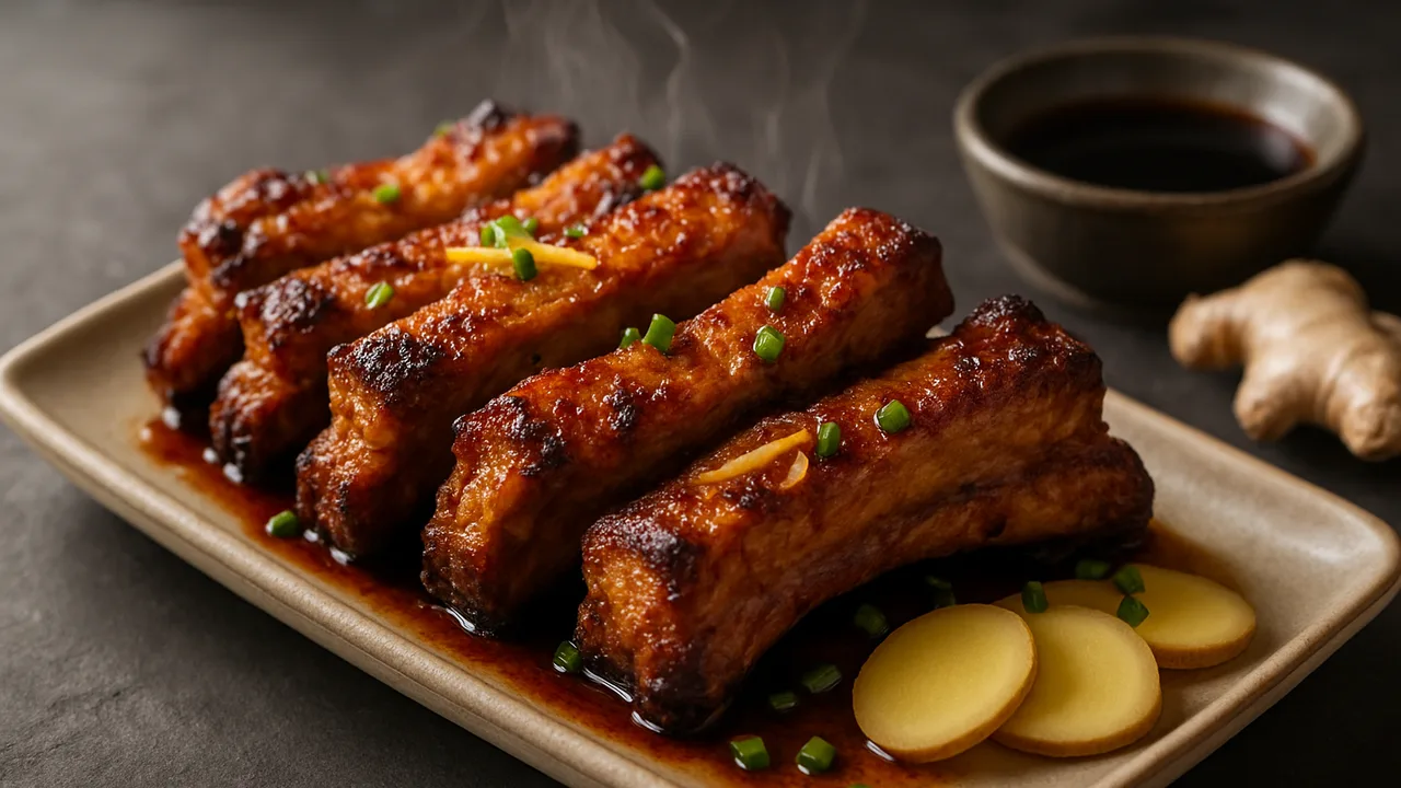 Asiatische Spareribs mit Sojasauce und Ingwer aus dem Airfryer mit Spareribs und Sojasauce, auf dunklem Schiefer angerichtet.