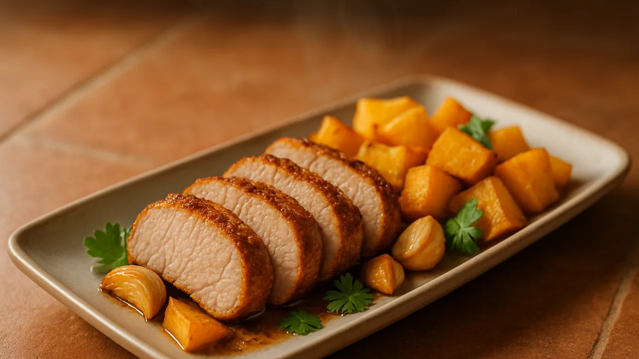 Asiatisches Schweinefilet mit Steckrübe aus dem Airfryer mit Schweinefilet und Steckrübe, auf Terracotta-Fliesen angerichtet.