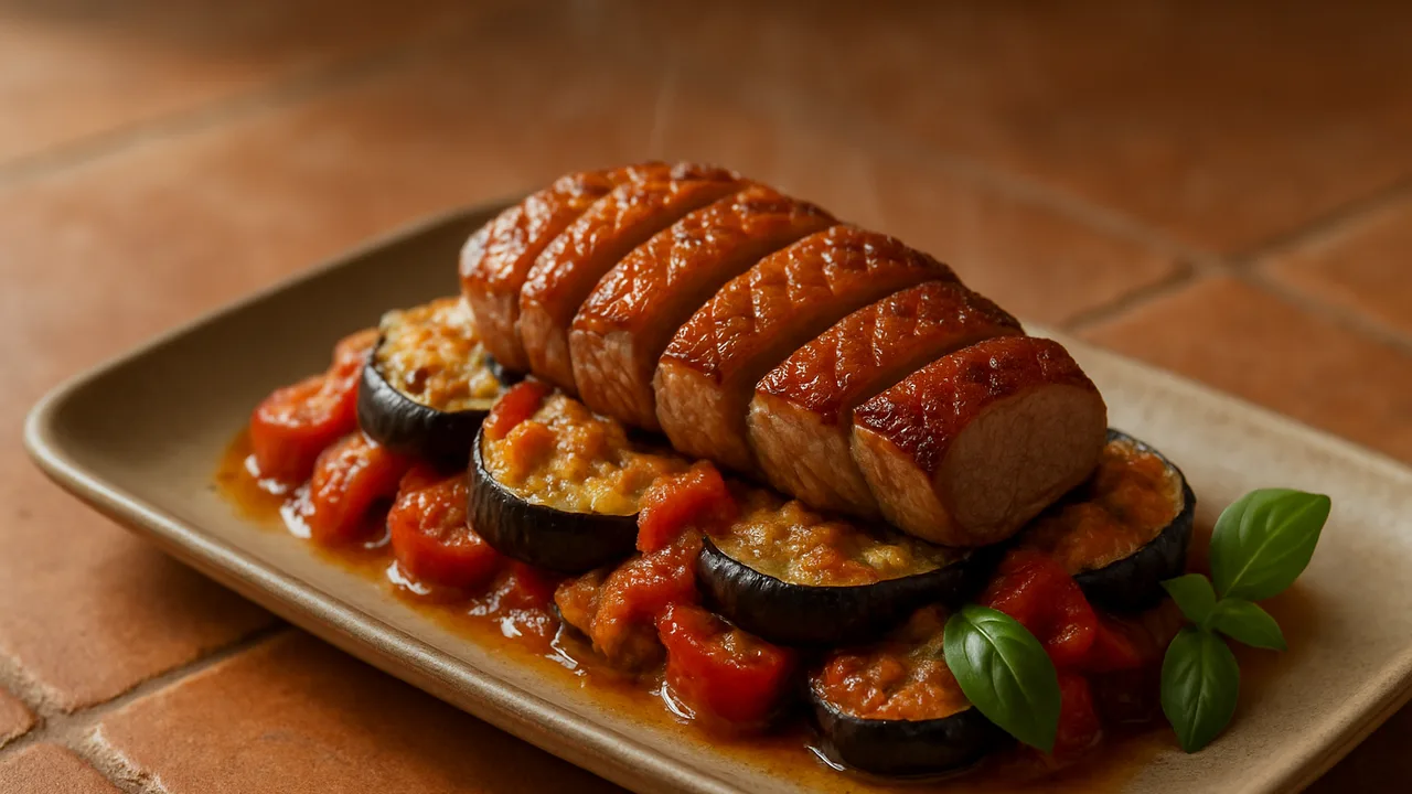 Aubergine-Entenbrust Auflauf aus dem Airfryer mit Entenbrust und Aubergine, auf Terracotta-Fliesen angerichtet.