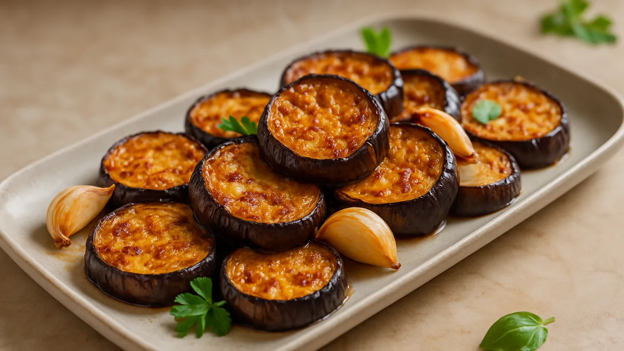 Aubergine gebacken mit Knoblauch aus dem Airfryer mit Auberginen und Knoblauchzehen, auf beigem Marmor angerichtet.