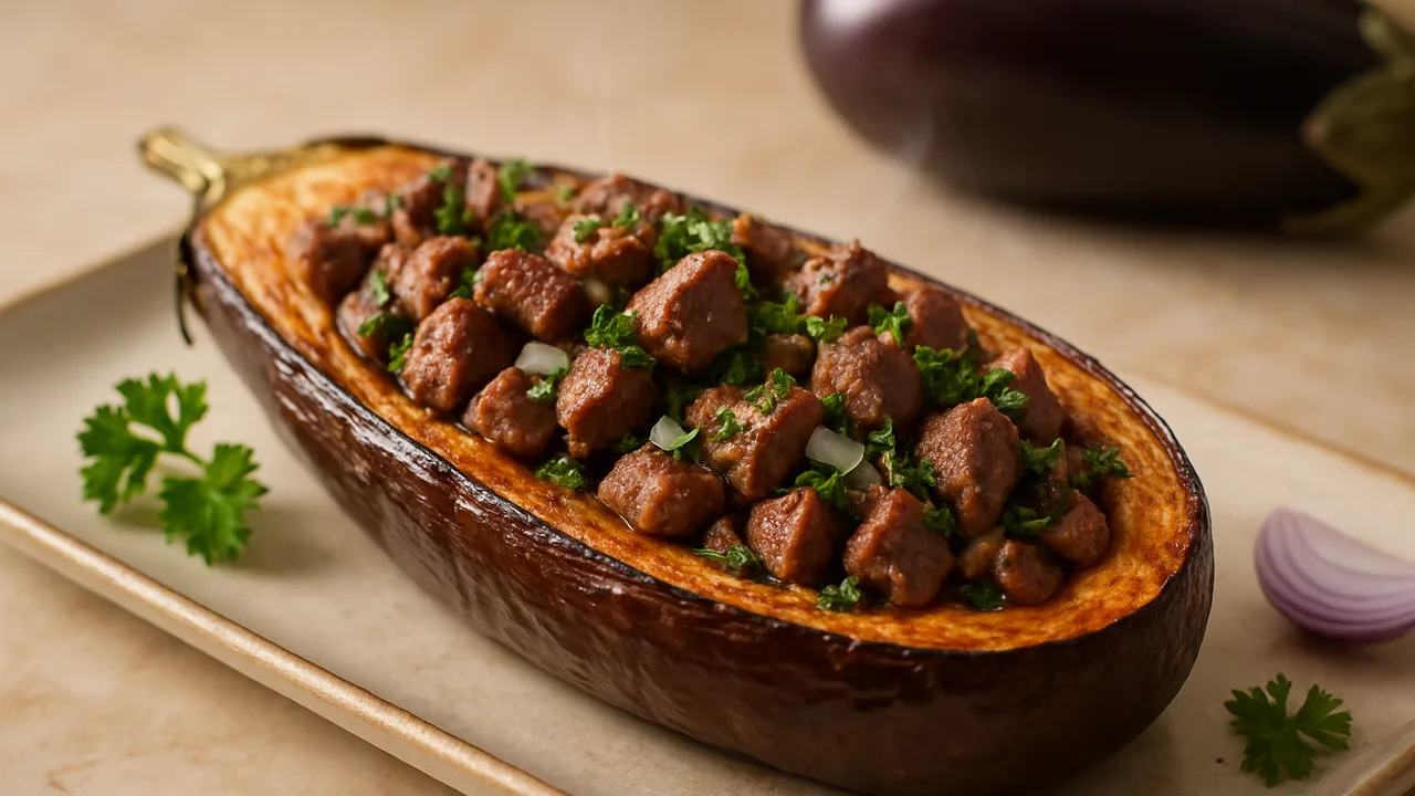 Aubergine gefüllt mit Rinderfilet und Kräutern aus dem Airfryer mit Auberginen und Rinderfilet, auf beigem Marmor …