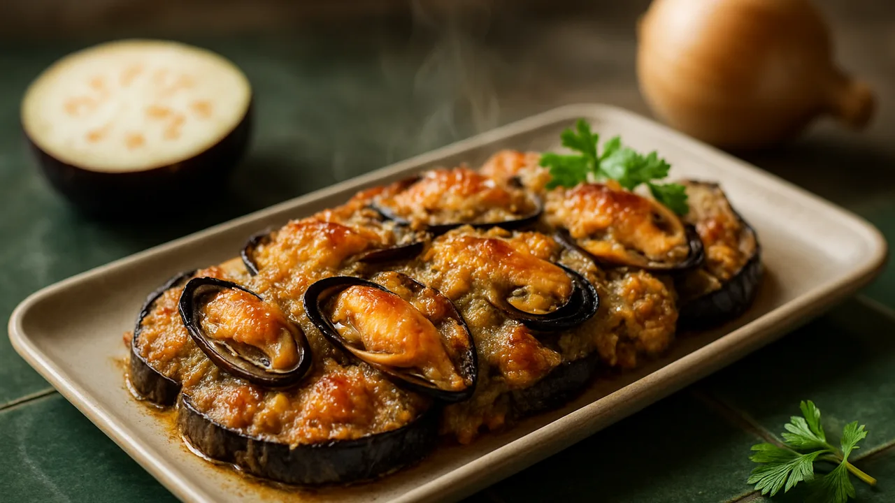 Aubergine-Miesmuscheln-Auflauf aus dem Airfryer mit Miesmuscheln und Auberginen, auf dunkelgrünen Fliesen angerichtet.