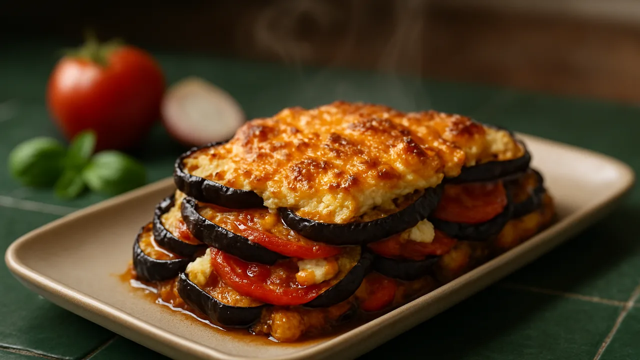 Auberginen-Feta Auflauf aus dem Airfryer mit Aubergine und Tomaten, auf dunkelgrünen Fliesen angerichtet.