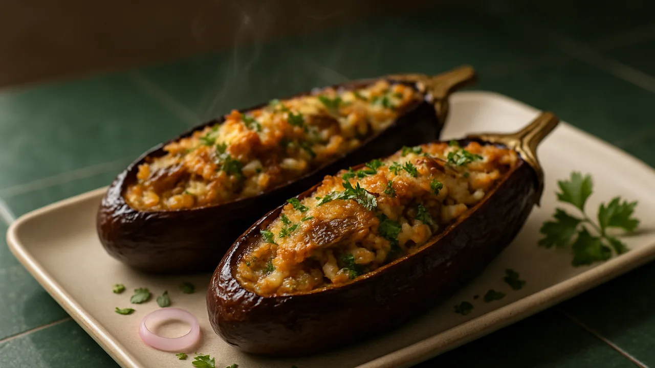 Aubergine gefüllt mit Makrele und Kräutern aus dem Airfryer mit Auberginen und Räuchermakrele, auf dunkelgrünen Fliesen …