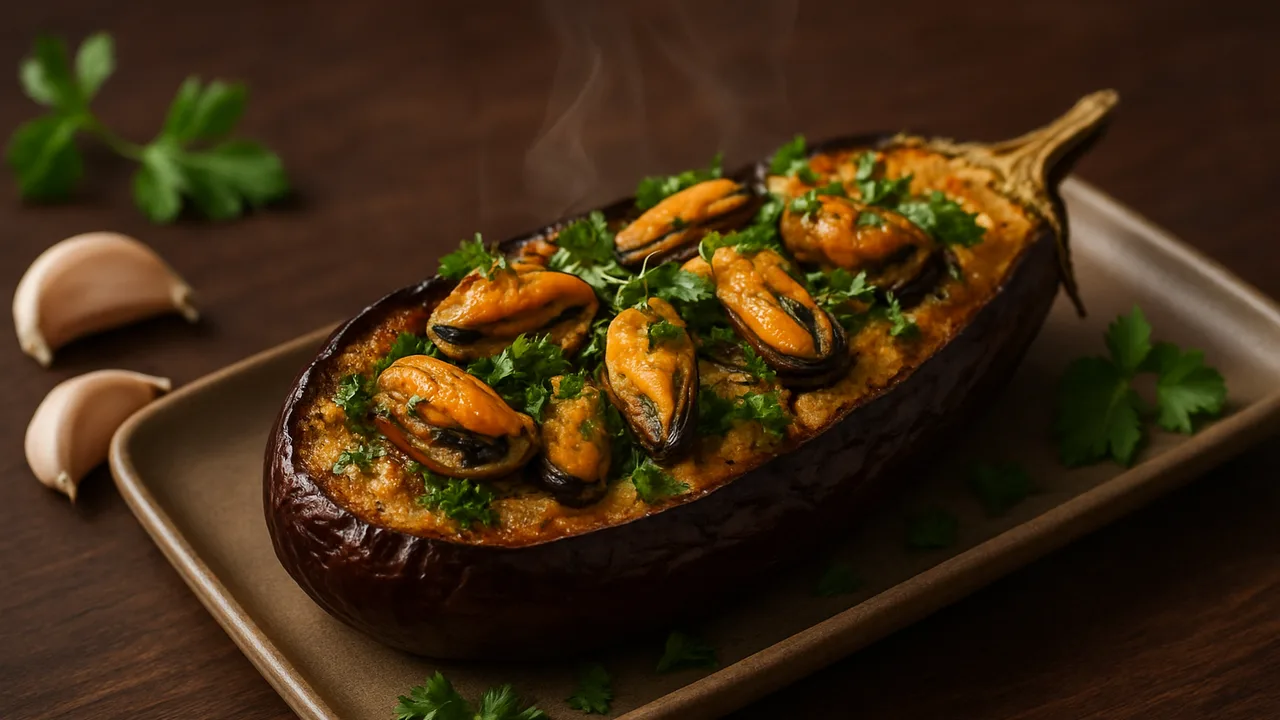 Aubergine gefüllt mit Miesmuscheln und Kräutern aus dem Airfryer mit Auberginen und Miesmuscheln, auf dunklem Walnussholz …