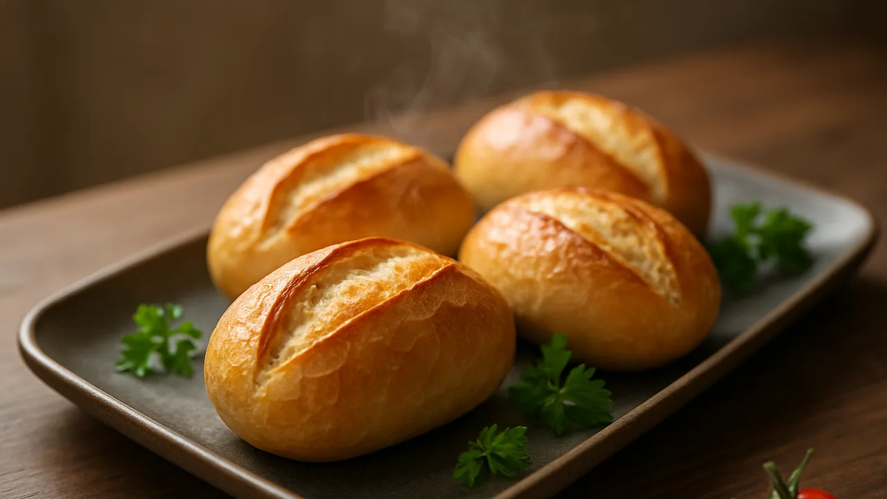 Aufbackbrötchen im Airfryer – in 5 Minuten knusprig mit Aufbackbrötchen, auf dunklem Walnussholz angerichtet.