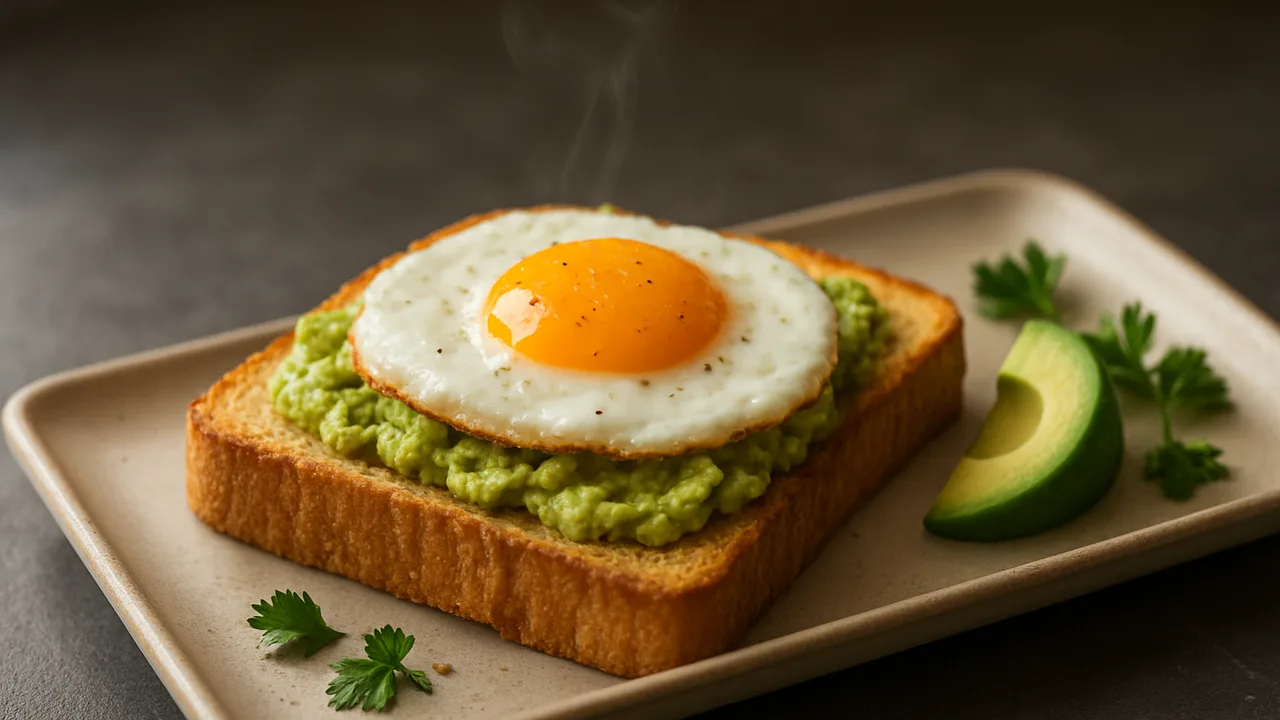 Avocado-Toast mit Ei aus dem Airfryer mit Toastbrot und Avocado, auf dunklem Schiefer angerichtet.
