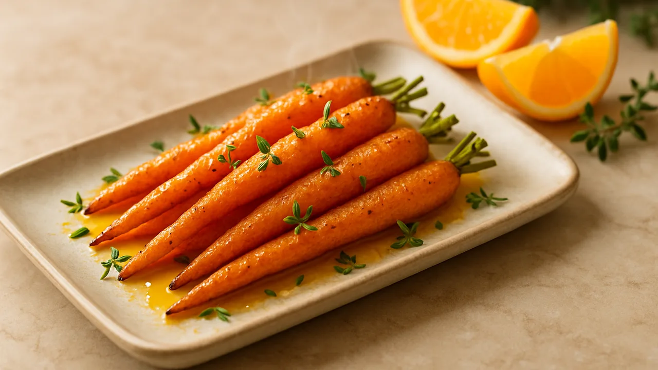 Babykarotten mit Orangensaft und Thymian aus dem Airfryer mit Babykarotten und Orangen (Saft davon), auf beigem Marmor …