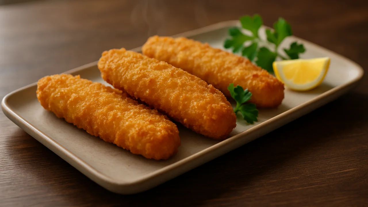 Backfisch aus dem Airfryer – TK knusprig mit TK-Backfischfilets, auf dunklem Walnussholz angerichtet.