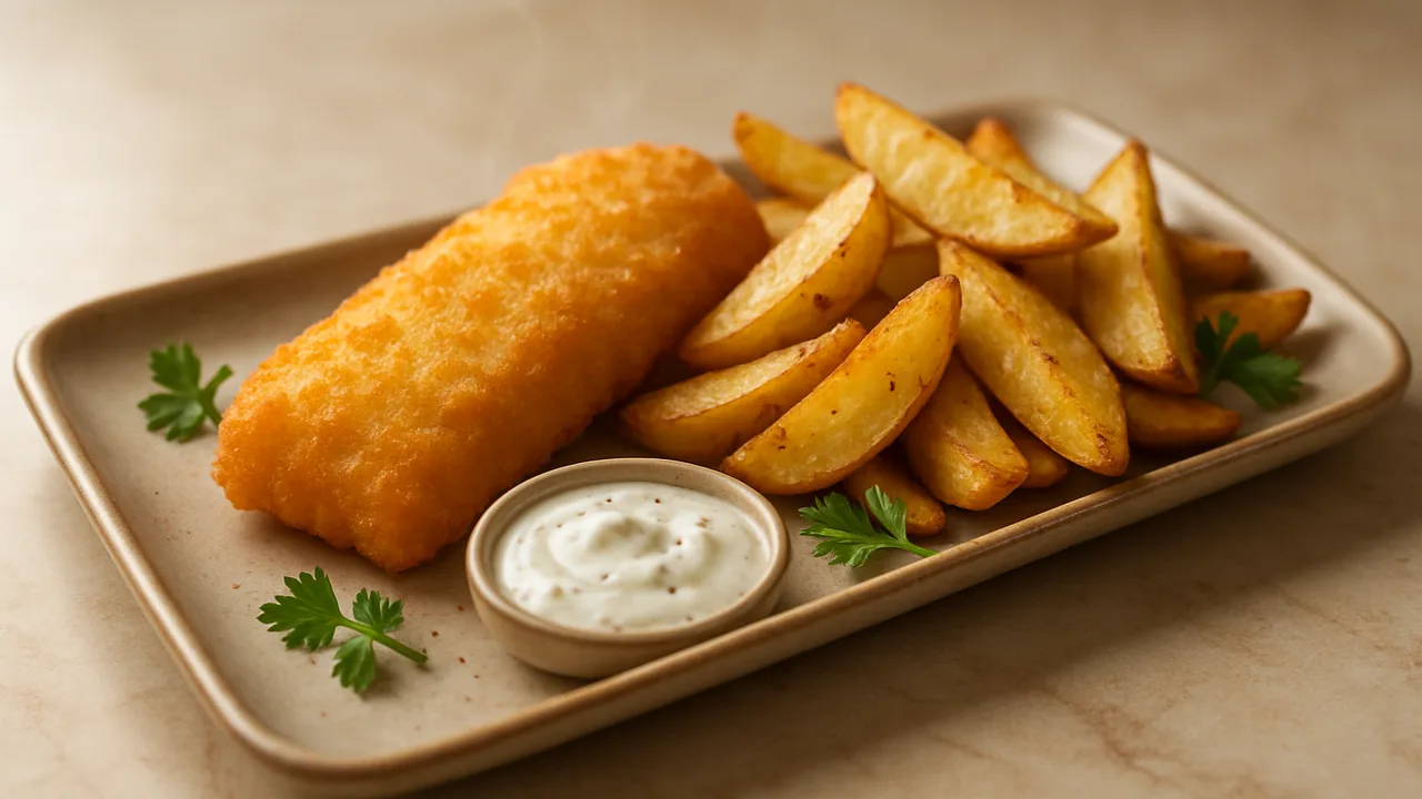 Backfisch mit Kartoffelspalten und Joghurt-Dip aus dem Airfryer mit Backfisch (paniert, TK) und Kartoffeln, auf beigem …