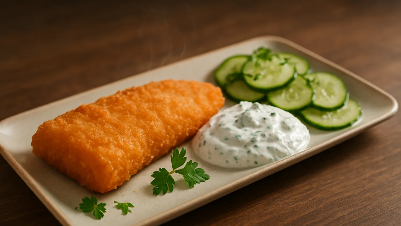Backfisch mit Kräuterquark und Gurkensalat aus dem Airfryer mit Backfisch (paniert, TK) und Quark, auf dunklem Walnussholz …