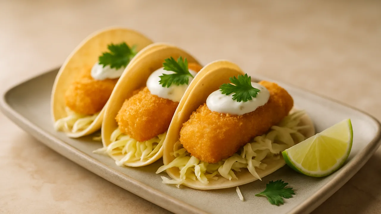 Backfisch-Tacos mit Kohl und Limetten-Joghurt aus dem Airfryer mit Backfisch (paniert, TK) und Mini-Tortillas, auf beigem …