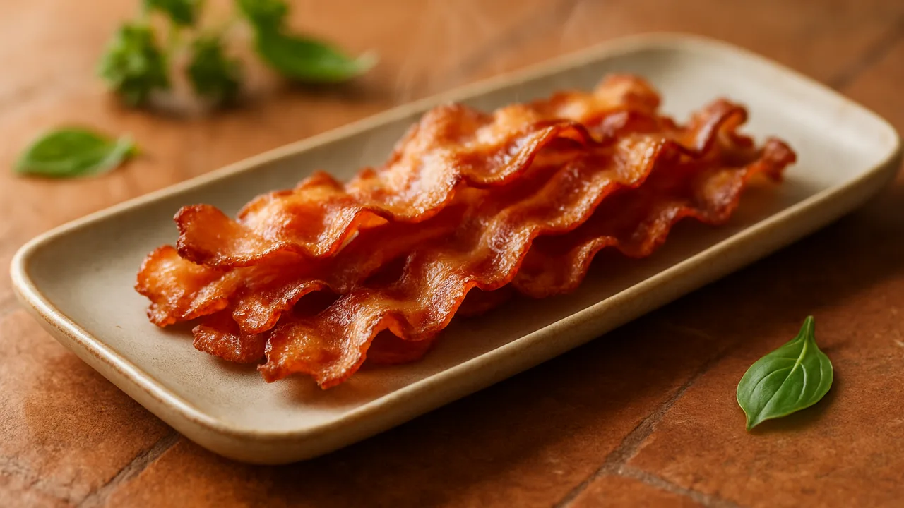 Bacon im Airfryer – knusprig in 8 Minuten mit Bacon (Frühstücksspeck), auf Terracotta-Fliesen angerichtet.