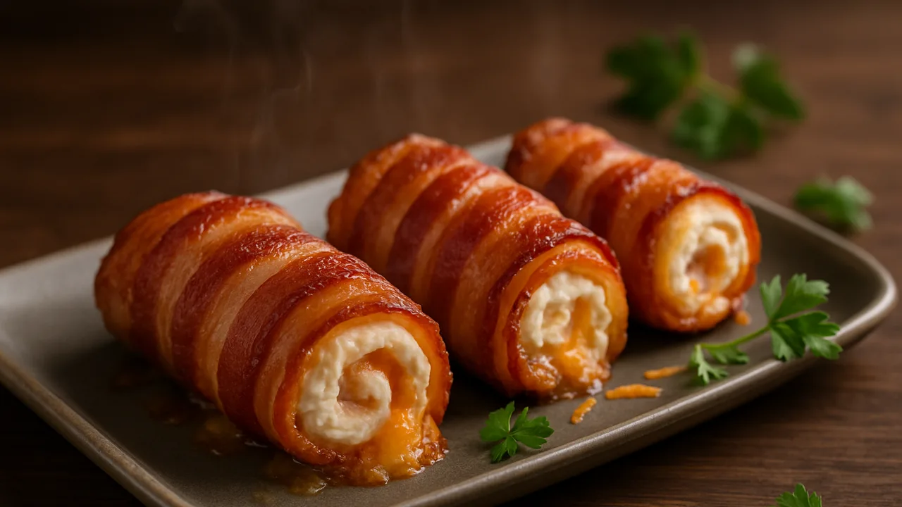 Bacon-Käse-Röllchen mit Frischkäse aus dem Airfryer mit Baconscheiben und Frischkäse, auf dunklem Walnussholz angerichtet.