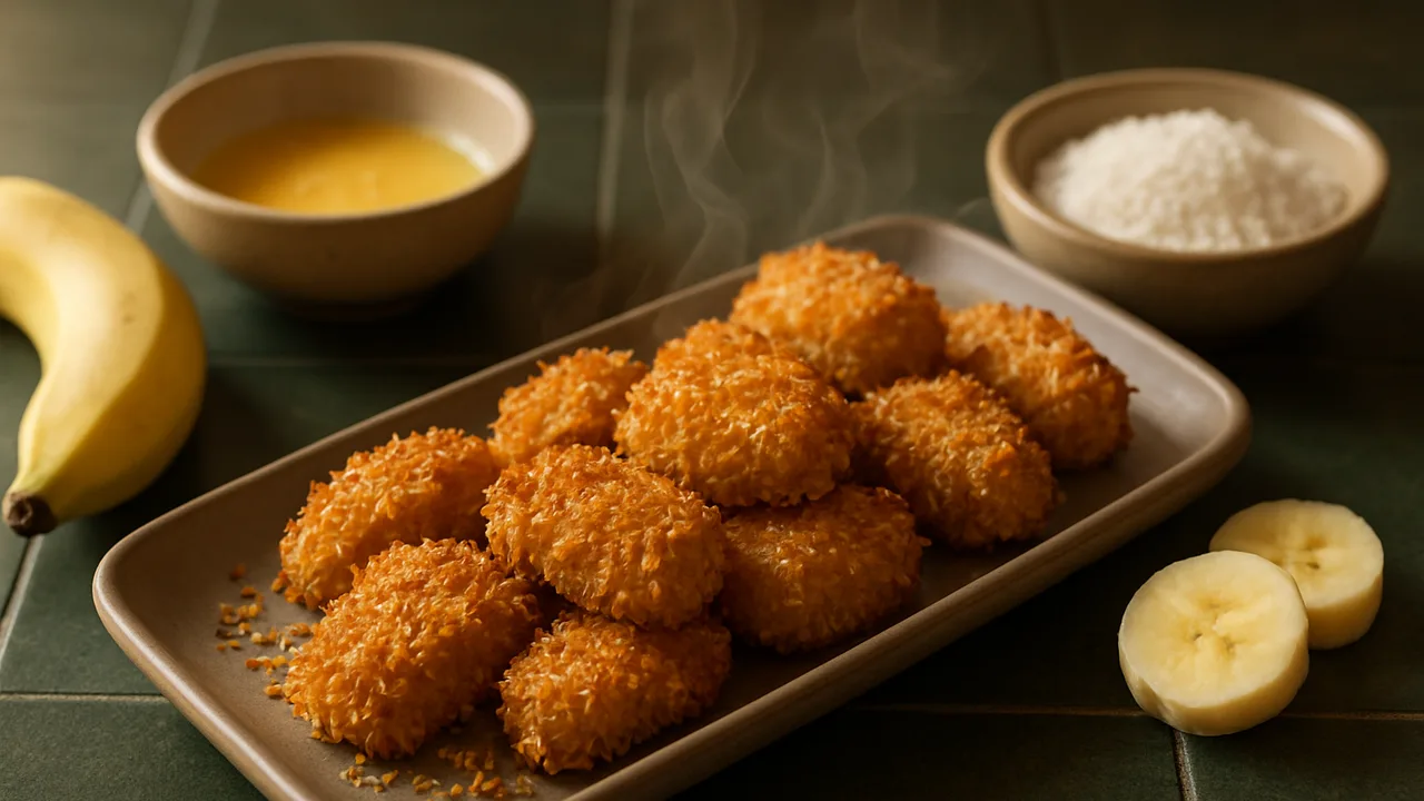 Bananen-Nuggets mit Kokosraspeln aus dem Airfryer mit Bananen und Ei, auf dunkelgrünen Fliesen angerichtet.