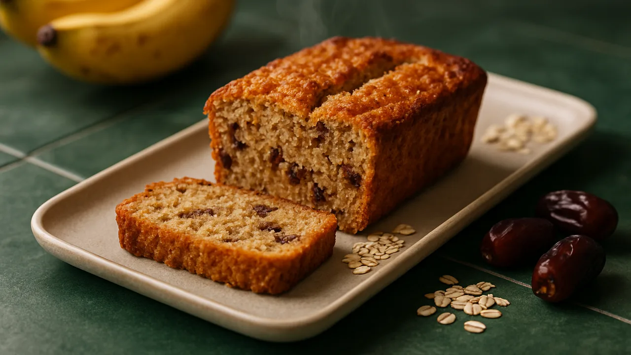 Bananenbrot ohne Zucker mit Datteln aus dem Airfryer mit reife Bananen und Haferflocken, auf dunkelgrünen Fliesen …