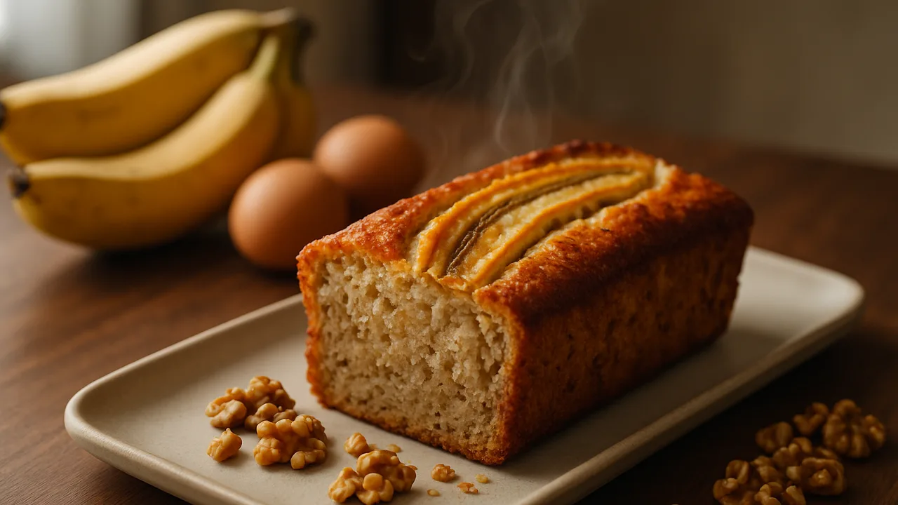 Bananenbrot saftig mit Walnüssen aus dem Airfryer mit Bananen, reif und Eier, auf dunklem Walnussholz angerichtet.