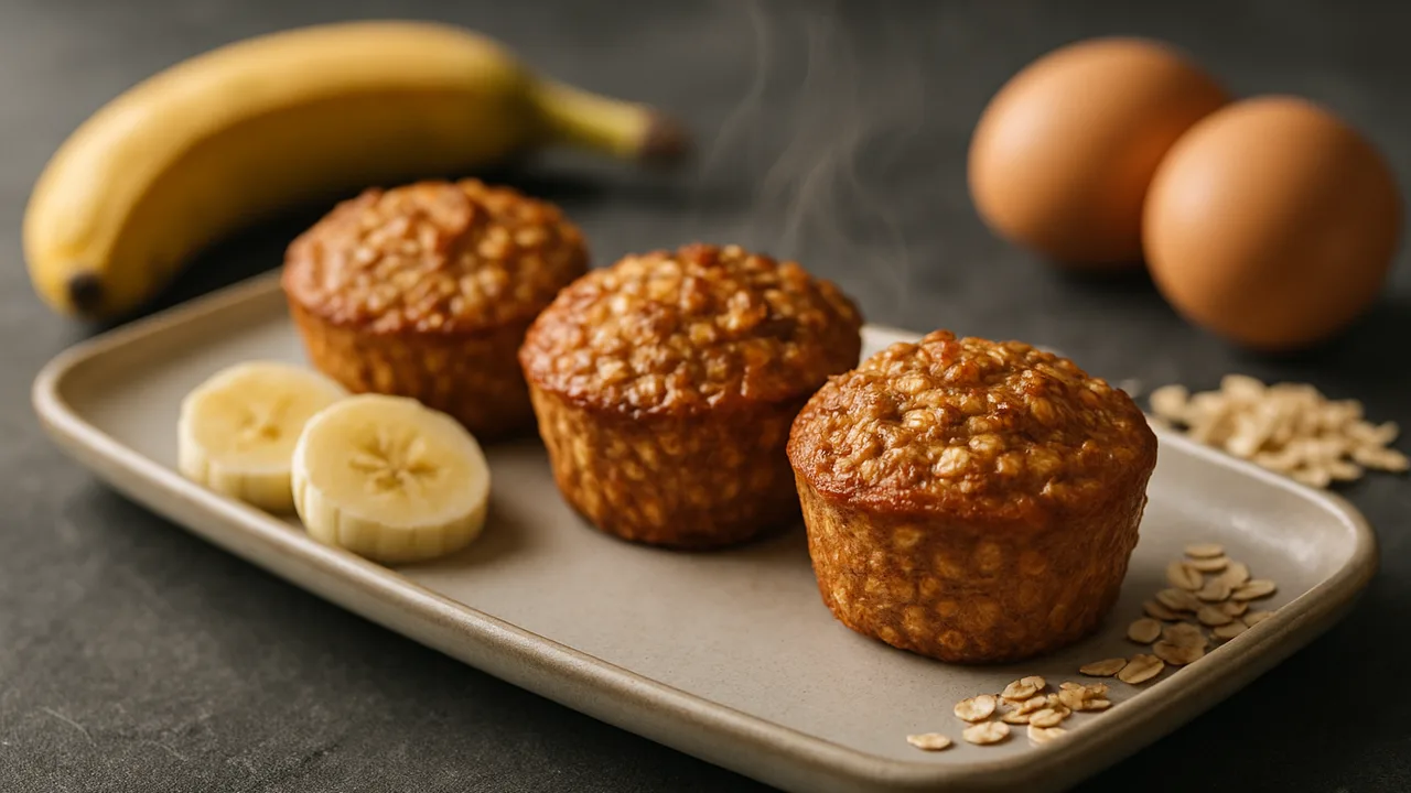 Bananenmuffins ohne Zucker aus dem Airfryer mit Bananen und Haferflocken, auf dunklem Schiefer angerichtet.