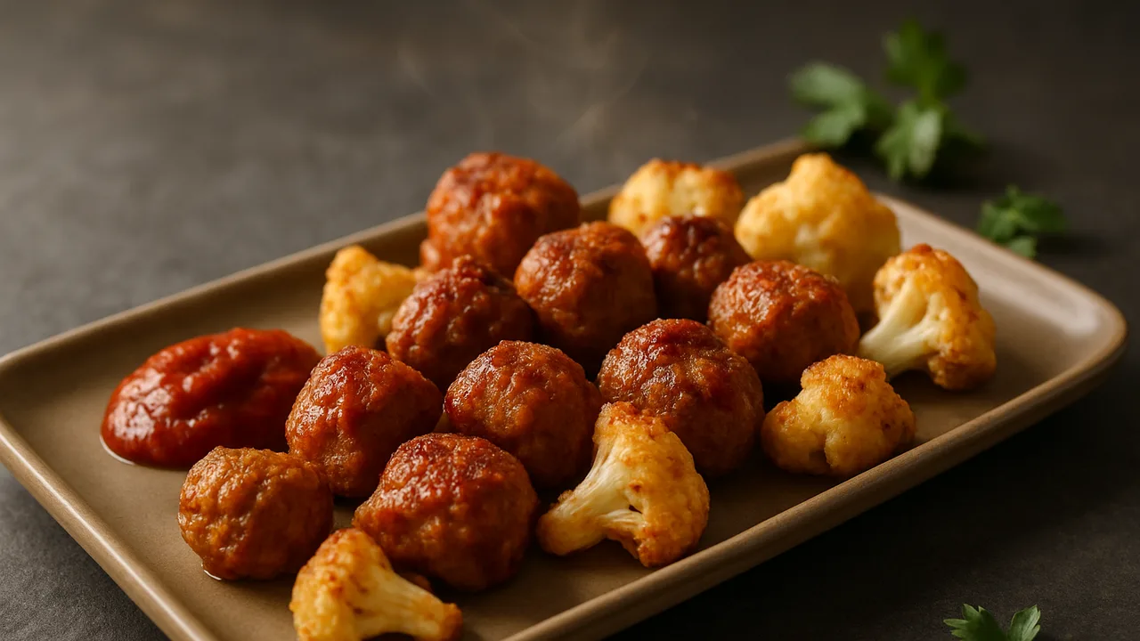 BBQ-Bratwurst Nuggets mit Blumenkohl aus dem Airfryer mit Bratwurst und Blumenkohl, auf dunklem Schiefer angerichtet.