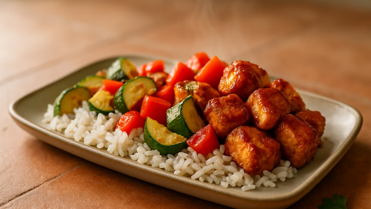 BBQ-Ei Bowl mit Reis und Zucchini aus dem Airfryer mit Reis und Zucchini, auf Terracotta-Fliesen angerichtet.