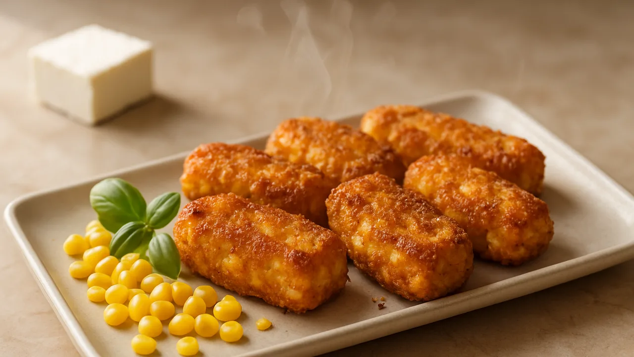 BBQ-Feta Nuggets mit Mais aus dem Airfryer mit Feta und Ei, auf beigem Marmor angerichtet.
